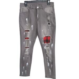 Grunge thrashed denim gray plaid jeans sz S woman’s unique emo fitted pockets